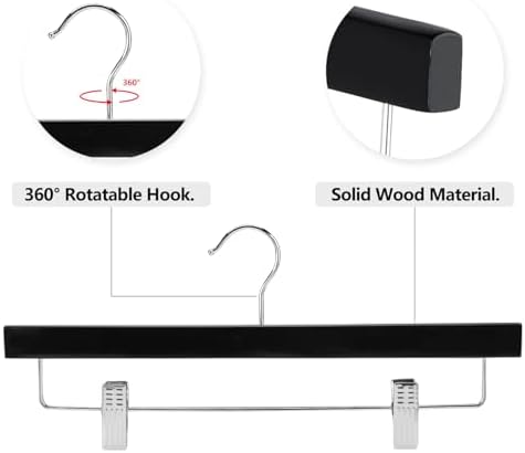 AMKUFO 20pcs Wooden Pants Hangers Solid Pants Hangers with Adjustable Clips 14 Inch Black Wood Skirt Hangers Trousers Bottom Hangers with Non-Slip Clips and 360° Swivel Hook