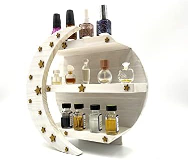 White Moon Shelf, Boho Knick Knack for Crystals, Wooden Bathroom Decor (White-Gold Stars)
