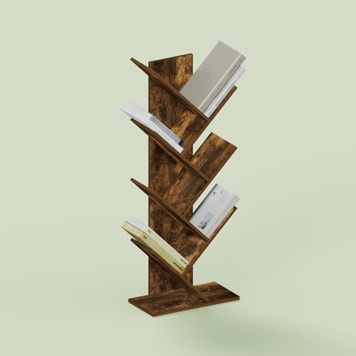 Ipoh Tree Book Shelf, 7-Tier Tree Bookcase, for Narrow Space, Books, CDs, Magazines, Rustic Brown
