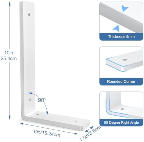 Heavy Duty Shelf Brackets, 8 Pack 10 Inch White L Metal Shelving Brackets, 5mm Thick Rustic Shelf Support Bracket for DI
