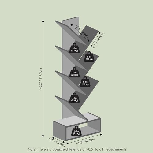 Ipoh Tree Book Shelf, 7-Tier Tree Bookcase, with Bottom Shelf, for Narrow Space, Books, CDs, Magazines, Rustic Brown