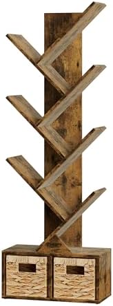 Vagusicc 6 Tier Tree Bookshelf with 2 Storage Cabinets, Tall Display Shelf Organizer for Books, Magazines, Home Decor, N