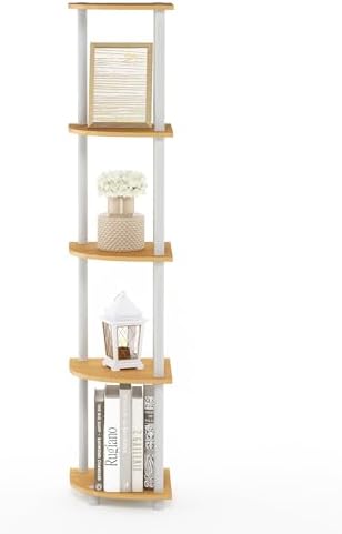 Furinno Turn-N-Tube Toolless Assembly Corner Shelf, 5-Tier Oak Corner Bookshelf, Open Storage Shelves, for Organization 