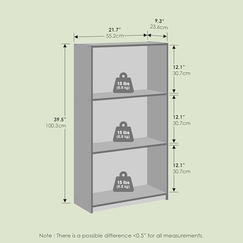 Hagen 3-Tier Bookshelf, 40 Inch Tall Bookcase, for Home Office, Study, Living Room, Olive Oak
