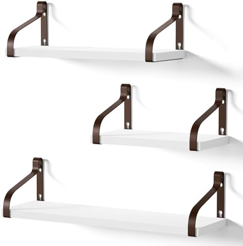 Love-KANKEI Floating Wall Shelves,Solid Wood/Metal Bracket,White Brown