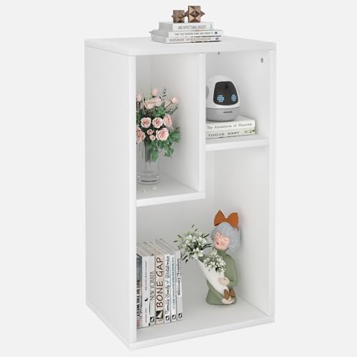 VECELO Small White Bookshelf, Freestanding 3 Open Cubby Storage Cabinet with Uneven Compartments, Thickened Board, Fits 