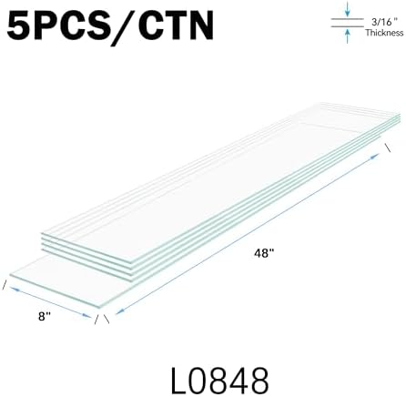 08" x 48" - 5-Pcs Tempered Glass Rectangular Shelves - 3/16" Thick - Home & Office Storage Racks