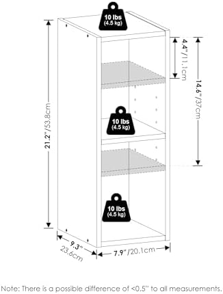 Furinno Fulda Book Shelf, 2-Tier Narrow Bookshelf, Bookcase with 8-in Width Storage Shelf, 9.3 x 7.9 x 21.2, for Living 
