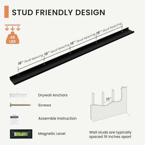 FLYJOE Picture Ledge Shelf, Floating Shelves Set of 2, Solid Ash Wood 72'' Long Large Nursery Book Shelves for Toys Storage, Kids Bookshelf for Living Room Bedroom Decor Books Photo Frames, Black