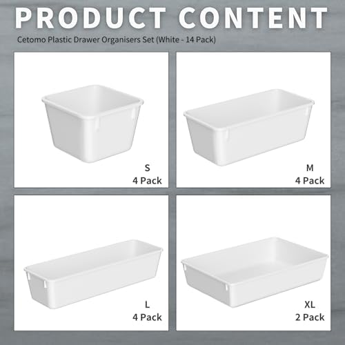 Cetomo 14 Pcs Drawer Organiser Set, Plastic Storage Drawer Organizer, Drawer Dividers, Adjustable and Expandable, Container Tray for Kitchen Utensils, Cosmetic, Makeup, Gadgets, White, 4 Size-14 Pack