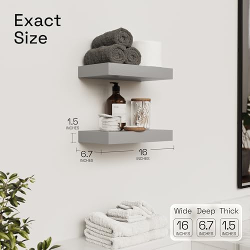 Solid Wood Floating Shelves for Wall 16 Inch Grey, Wooden Bathroom Shelf