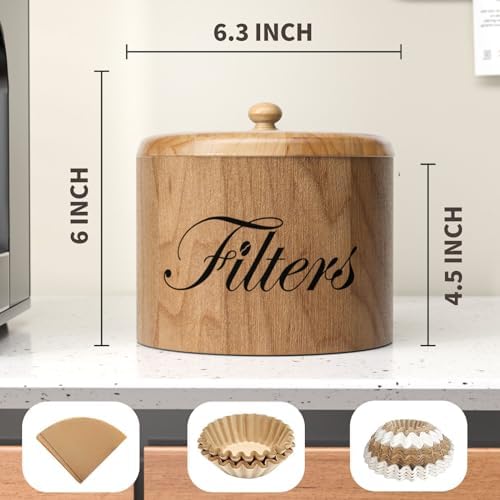 Coffee Filter Holder, Wooden Coffee Filter Storage with Lid, RoundCoffeeFilterContainer for Counter, Rustic Bar Accessor