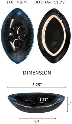Ceramic Soap Dish with Self Draining Tray for Bar Soap, Bathroom, Kitchen (Black)