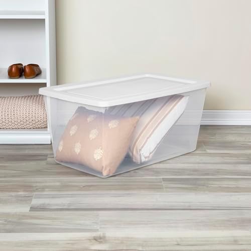 Sterilite Storage Box, Clear Plastic Snap Lid Tote, White, 90 Qt, 16-Pack