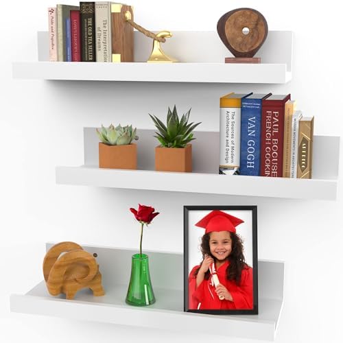 Icona Bay 16 Inch Floating Shelves for Wall - Set of 3 in Powder White - Modern Rustic Style - Wall Mounted Display Shel