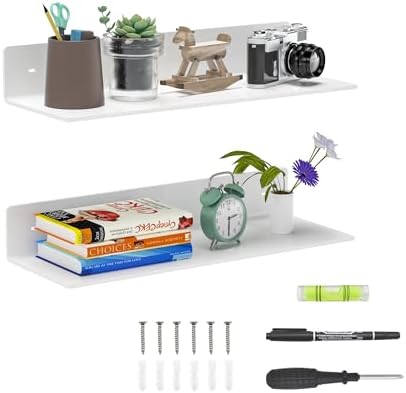 Sezanrpt 15 Inches Acrylic Wall Shelves 2 Pack, Floating Shelf for Wall Mounting, Acrylic Display Ledges for Funko Pop Figures, Home Décor, Living Room, Gaming Room, Plants(15 inch, White)