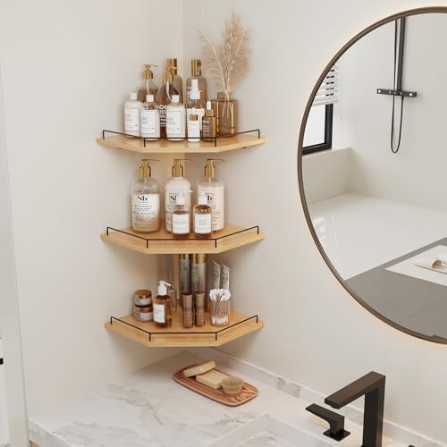 JJL Corner Shelf Wall Mounted, 12 Inches 3-Tier Floating Corner Shelf, Hexagon Rustic Wood Decor with Fence, Natural Woo