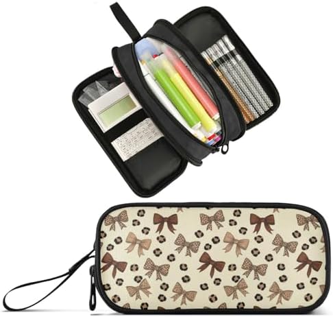 Wfrish Brown Leopard Bow Large Capacity Pencil Case, 3 Compartments Pen Pouch Organizer for School College Office, Zippers Big Pencil Bag for Teens Adults Girls Boys Makeup