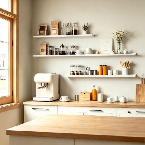 White Floating Shelves for Wall Decor, 32 in Shelf with Lip Set of 2