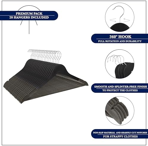 Wooden Hangers, 20 Pack, Non-Slip Velvet for Pants, Coats (Black)