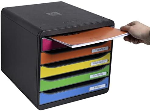 Exacompta Big Box Plus - 5 Drawer Desktop Organizer - 100% Recycled Materials- Fits Letter and A4+ Size Paper - Black w/Multicolored Drawers- Dimensions 13 5/8 x 11 x 10 5/8 - Made in Europe