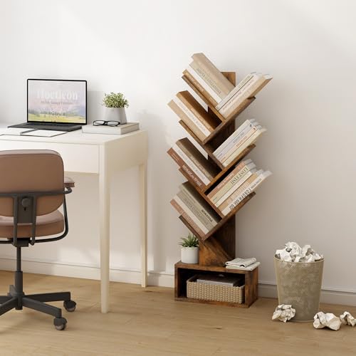Hoctieon 6 Tier Tree Bookshelf, Tall Bookcase with Drawer, Freestanding Book Shelf, Display Floor Standing Storage Shelf