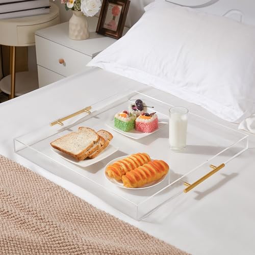 Extra Large Clear Acrylic Serving Tray (18×18 Inches) with Gold Handles Spill Proof Acrylic Over Size Big Decorative Tra