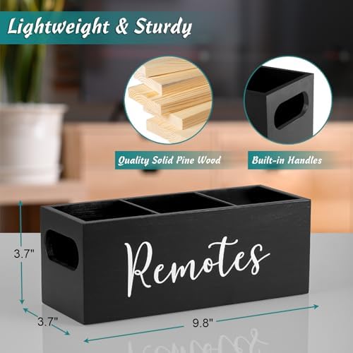 DRASTAR Remote Control Holder, Wood TV Remote Holder, Remote Storage Caddy, Remote Control Organizer (Black, 3 Slots)