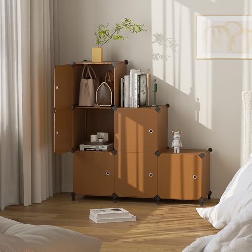 6Cube Storage Organizer Modular Stackable with Doors Brown