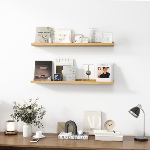 36 inch Picture Ledge Shelf, Wood Floating Shelves, Color Oak, Set of 2