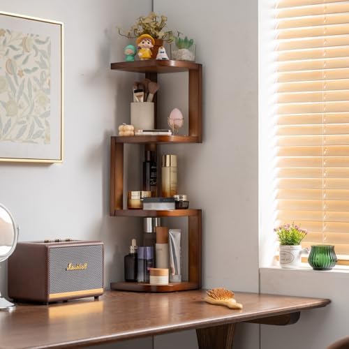 Corner Shelf Stand Desk Organizer,26.8" H Rubberwood Brown Rack for Small Spaces, Bedroom,Home Office,Kitchen,Bathroom (