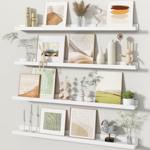 Fun Memories Picture Ledge Shelves Set of 4, 36 Inch Rustic Wall Mounted Floating Shelves with Lip for Home Storage and 