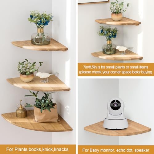 Corner Shelf, 7inch Solid Oak Wood Floating Corner Shelf Wall Mount Round End Floating Speaker Shelves with Wire Hole fo