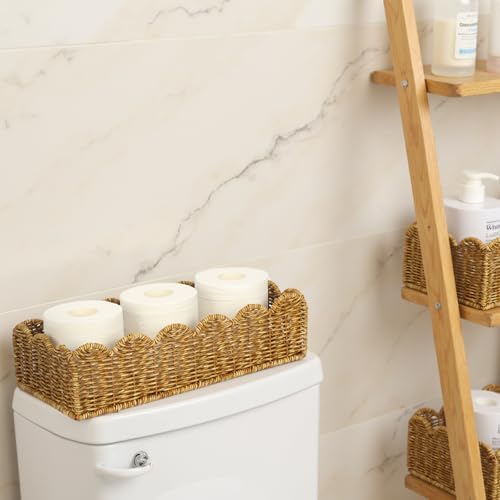 Scalloped Toilet Paper Basket - Resin Wicker Water-Resistant Storage Toilet Tank Topper Boho Style Set of 2