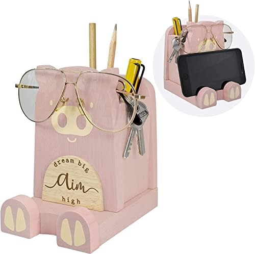 Wood Multipurpose Eyeglass Phone Pen & Pig Pencil Holder Stand Stationery Desk Box Organizer Accessories Decor, Home Office Desktop Decoration Birthday Graduation Gifts “Dream Big Aim High” (Piggy)