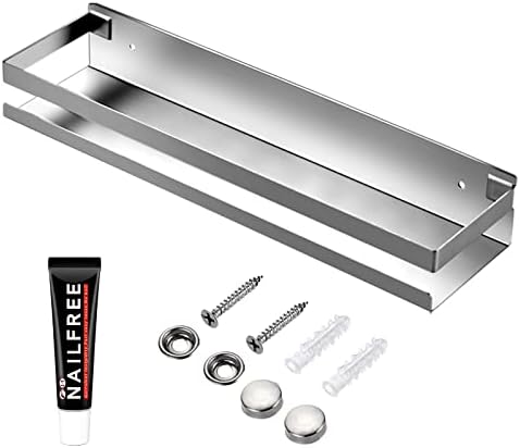 Rustproof Metal Storage Floating Shelves Wall Mounted Rectangular Shelf for Bedroom,Bathroom, Living Room, Kitchen, and Laundry Room,Nail-Free Wall-Mounted Shelves（15.75 Inch Silver）
