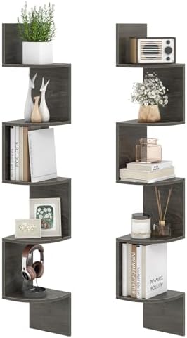 GIANTEX Corner Shelf Wall Mounted Set of 2, 5-Tier Floating Corner Bookshelf, Home Storage Organizer, Wooden Display Sta