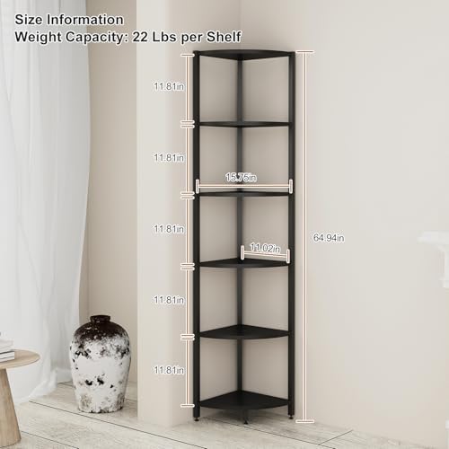6-Tier Corner Shelf with LED Lights - 65" Tall Narrow Bookshelf, Standing Shelf with Storage Rack, Sturdy Metal Frame & 