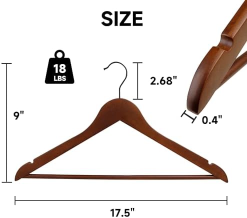 Wooden Clothes Hangers with Pants Bars, Walnut, 24-Pack