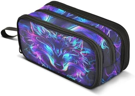 Mystical Wolf Face Pencil Case Box Boys Girls Large Pencil Pouch Zipper Compartments Big Capacity Stationery Pen Bag Organizer for Kids Teens Adults School Office