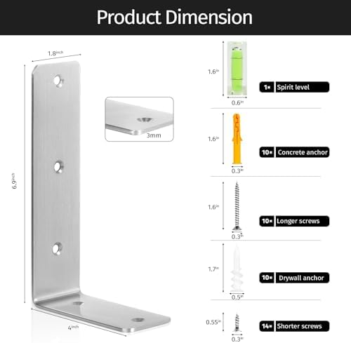 Silver Shelf Brackets, 4 Pack Heavy Duty Floating Shelf Bracket, Stainless Steel L Brackets for Shelves, 7 Inch