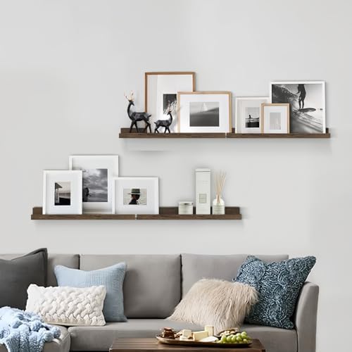 24 Inch Wooden Picture Ledge Shelf, Rustic Brown Phtoto Shelves for Wall
