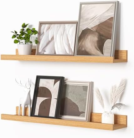 Heimlove Picture Ledge Shelf, Floating Shelves Set of 2, 24 Inches Picture Shelf for Wall with Ledge, Kids Bookshelf Wall Mounted for Living Room Bedroom Decor Books Photo Frames - Natural Oak