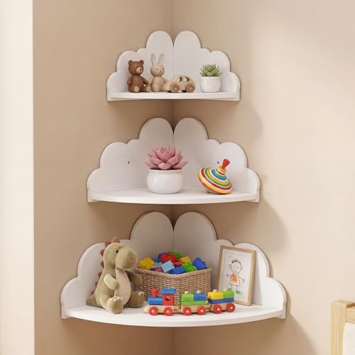 Novabright 3 Pack Cloud Floating Corner Shelves, 9/10/12 Inch Wall Mounted Corner Shelves for Room & Nursery Decor, Cute