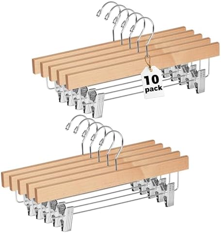 Quality Hangers Wooden Pants Hangers - 10-Pack Swivel Hook Cloth Hanger Set - Lotus Wood Skirt, Pant, Shorts and Slack Hangers with Adjustable Clip - Natural Clothing Hanger Set in 6 Modern Colors