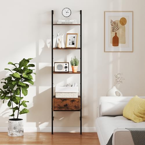 GIANTEX 5-Tier Ladder Bookcase with Drawer, 70" Tall Wall-Mounted Bookshelf with Metal Frame, Industrial Open Display Sh