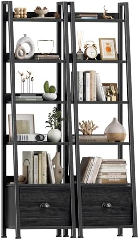 Furologee Bookshelf Set of 2, 6 Tier Ladder Shelf with Drawer