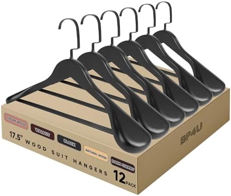 Wooden Suit Hangers with Non Slip Pants Bar, Black, 12-Pack, 17.5"
