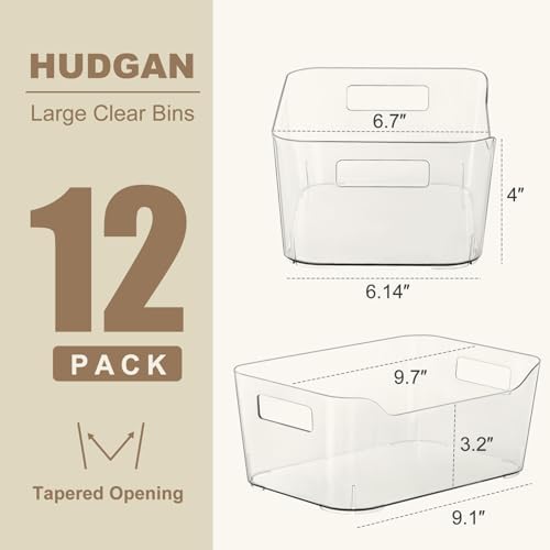 Hudgan 12 Pack Pantry Storage Bins for Kitchen Cabinet, Clear Plastic Organizer Bins for Bathroom, Pantry Organizer Cont