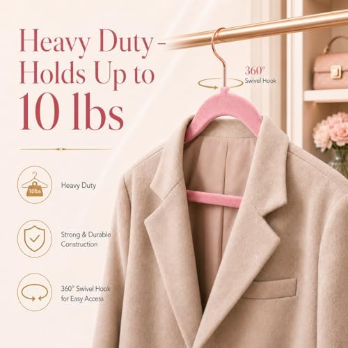 Smartor Pink Velvet Hangers 50 Pack, Non Slip Rose Gold Hook Felt Hangers